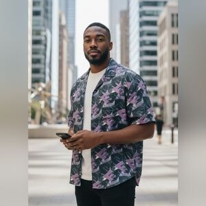 Fendi Black & Purple Graphic 100% Silk Polo Shirt Unisex Sz. L